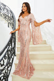 Sparkly Pink Mermaid V Neck Long Sleeves Sequin Long Formal Dress