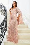 Sparkly Pink Mermaid V Neck Long Sleeves Sequin Long Formal Dress