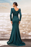 Dark Green Mermaid Long Sleeves Formal Dress with Slit