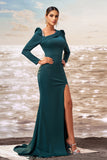 Dark Green Mermaid Long Sleeves Formal Dress with Slit