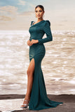 Dark Green Mermaid Long Sleeves Formal Dress with Slit