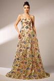 Sparkly Floral Apricot A-Line Long Formal Dress