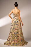 Sparkly Floral Apricot A-Line Long Formal Dress