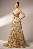 Sparkly Floral Apricot A-Line Long Formal Dress