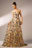 Sparkly Floral Apricot A-Line Long Formal Dress