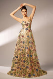 Sparkly Floral Apricot A-Line Long Formal Dress