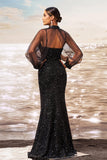 Sparkly Mermaid Black Sequin Long Sleeves Formal Dress