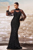 Sparkly Mermaid Black Sequin Long Sleeves Formal Dress