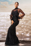 Sparkly Mermaid Black Sequin Long Sleeves Formal Dress