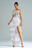 White Sheath Long Formal Dress With Fringes