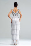 White Sheath Long Formal Dress With Fringes