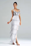 White Sheath Long Formal Dress With Fringes