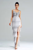 White Sheath Long Formal Dress With Fringes