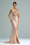 Apricot Mermaid Strapless Sequined Split Formal Dress