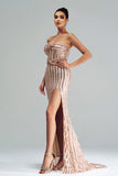 Apricot Mermaid Strapless Sequined Split Formal Dress