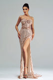 Apricot Mermaid Strapless Sequined Split Formal Dress