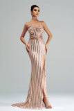 Apricot Mermaid Strapless Sequined Split Formal Dress