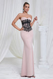 Mermaid Pink Strapless Lace Long Formal Dress