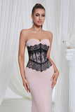 Mermaid Pink Strapless Lace Long Formal Dress