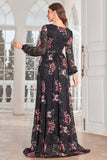 A Line Long Sleeves Floral Print Black Long Formal Dress