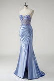 Sparkly Blue Mermaid Satin Floral Long Prom Dress with Slit