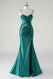 Dark Green Satin Spaghetti Straps Mermaid Prom Dress