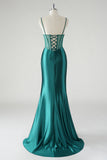 Dark Green Satin Spaghetti Straps Mermaid Prom Dress