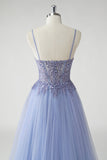 Sparkly Grey Blue A Line Tulle Prom Dress with Slit