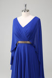 Royal Blue A Line V-neck Chiffon Long Mother Dress with Belt