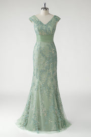 Sparkly Green V-Neck Mermaid Sequins Appliqued Cap Sleeves Long Formal Dress