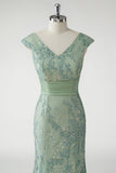 Green V-Neck Mermaid Appliques Sequins Cap Sleeves Prom Dress