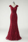 Dark Red Mermaid V-Neck Embroidered Mother Of The Bride Dress with Sequins