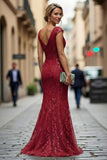 Dark Red Mermaid V-Neck Embroidered Mother Of The Bride Dress with Sequins