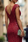 Dark Red Mermaid V-Neck Embroidered Mother Of The Bride Dress with Sequins