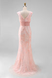 Sparkly Green V-Neck Mermaid Sequins Appliqued Cap Sleeves Long Formal Dress