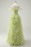 Dusty Sage Floral Ruffled A-Line Square Neck Long Formal Dress