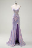 Sparkly Corset Lilac Mermaid Spaghetti Straps Formal Dress with Slit