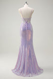 Sparkly Corset Lilac Mermaid Spaghetti Straps Formal Dress with Slit