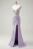 Sparkly Corset Lilac Mermaid Spaghetti Straps Formal Dress with Slit