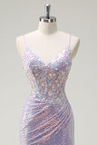 Sparkly Corset Lilac Mermaid Spaghetti Straps Formal Dress with Slit