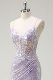 Sparkly Corset Lilac Mermaid Spaghetti Straps Formal Dress with Slit