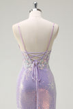 Sparkly Corset Lilac Mermaid Spaghetti Straps Formal Dress with Slit