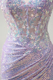 Sparkly Corset Lilac Mermaid Spaghetti Straps Formal Dress with Slit