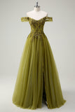 A-Line Army Green Off The Shoulder Long Formal Dress with Slit