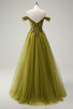 A-Line Army Green Off The Shoulder Long Formal Dress with Slit