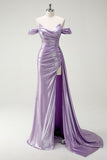 Sparkly Off The Shoulder Lilac Ruched Side Cape Formal Dress with Slit