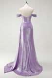 Sparkly Off The Shoulder Lilac Ruched Side Cape Formal Dress with Slit