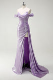 Sparkly Off The Shoulder Lilac Ruched Side Cape Formal Dress with Slit