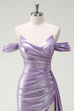 Sparkly Off The Shoulder Lilac Ruched Side Cape Formal Dress with Slit