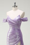 Sparkly Off The Shoulder Lilac Ruched Side Cape Formal Dress with Slit